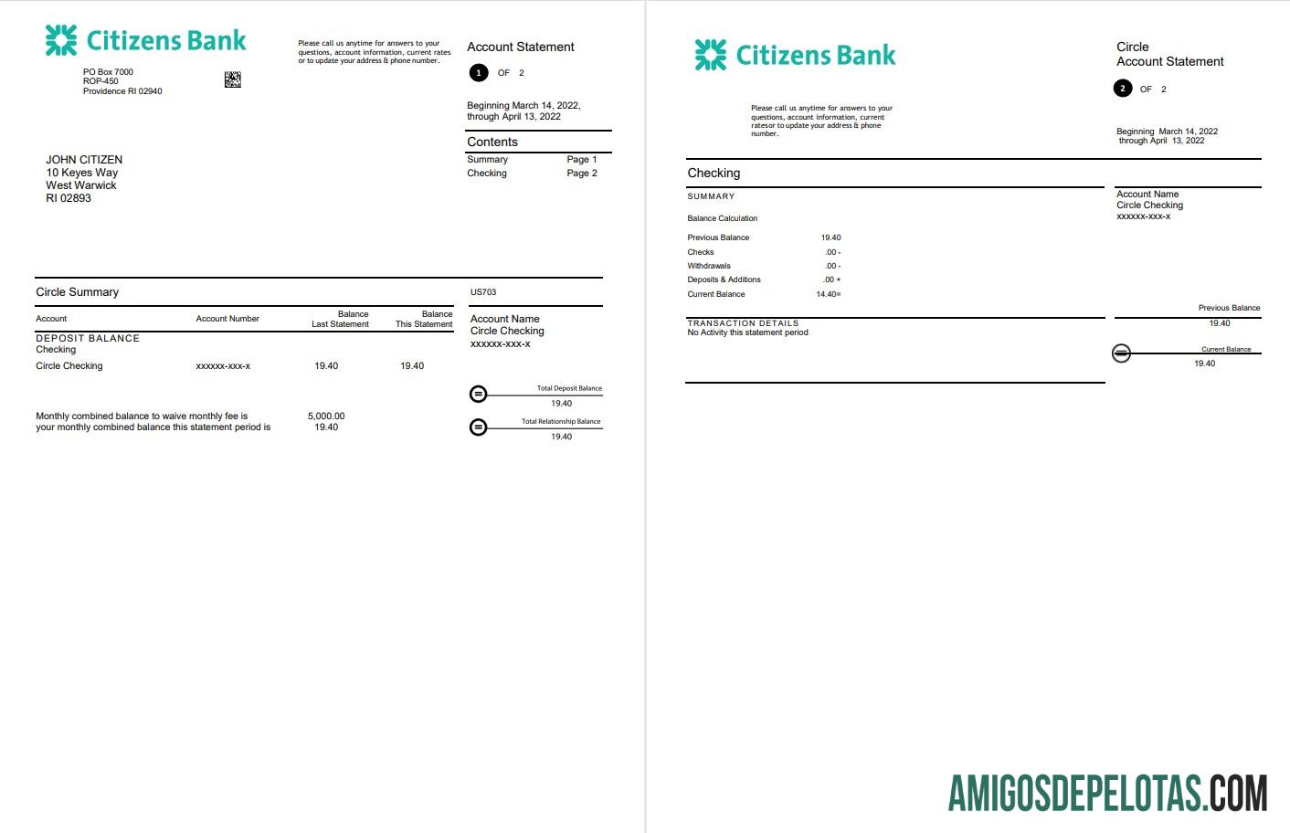 Extrato bancário de cidadãos dos EUA para impressão, modelo Word e PDF, 2 páginas